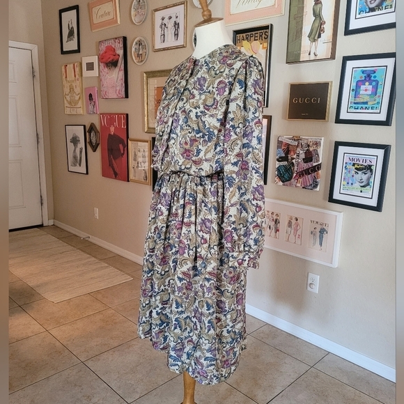 Vintage Silk Floral Acid Pleated Day Dress - Picture 5 of 8